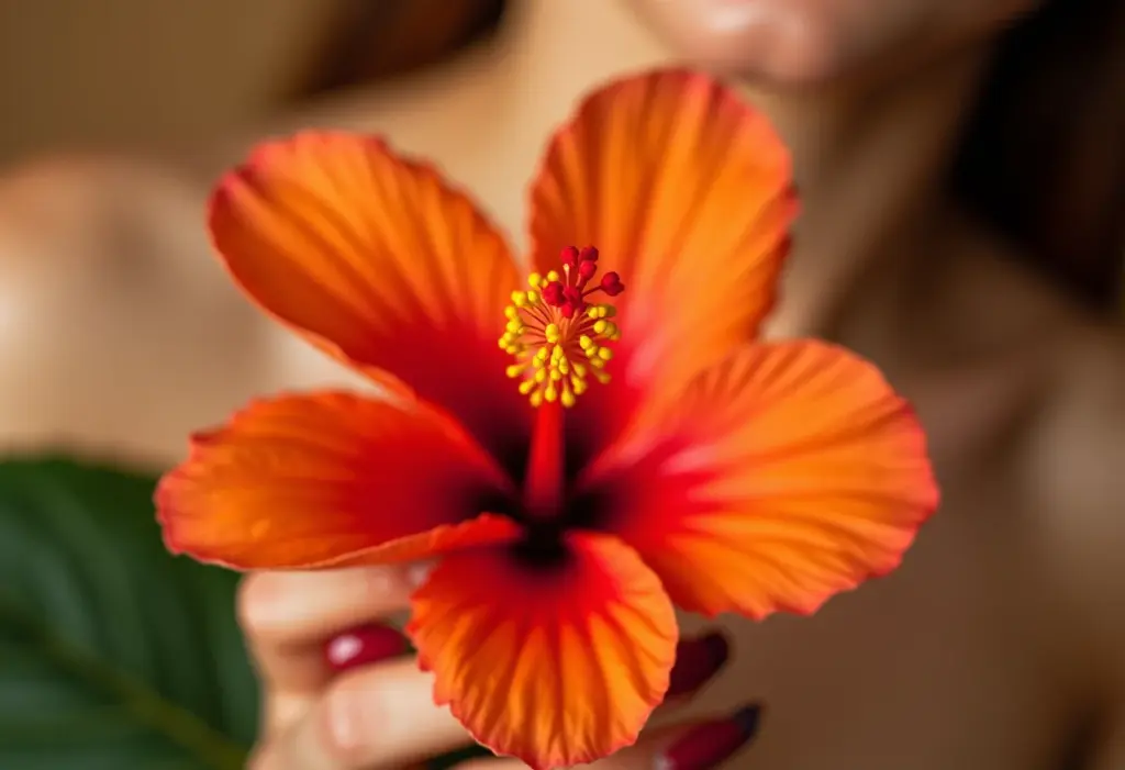 Unhas decoradas havaianas: o toque tropical que faltava no seu look Unhas decoradas com tema havaiano segurando hibisco