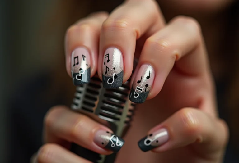 Unhas decoradas com tema musical segurando microfone vintage