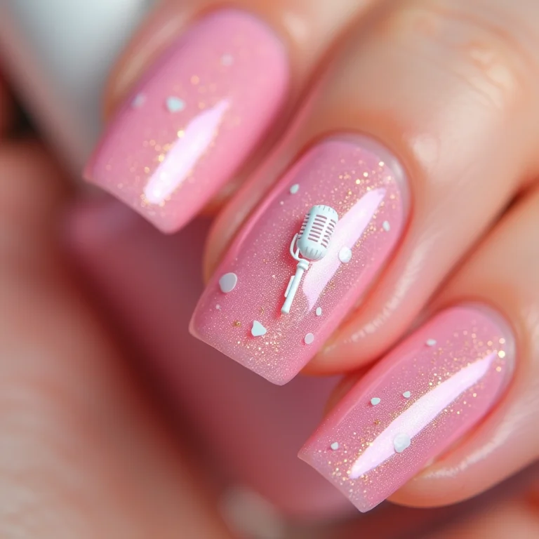 Unhas decoradas com tema pop e microfone