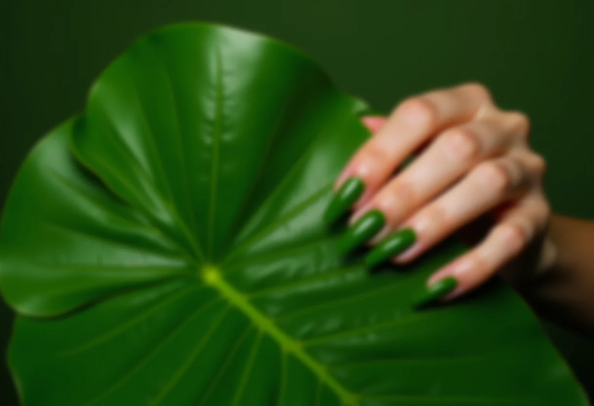 Unhas decoradas com verde e folha de monstera