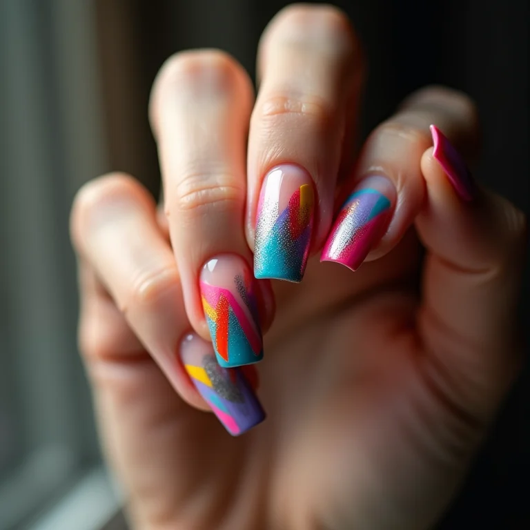 Unhas decoradas com 'W' geométrico em cores vibrantes.