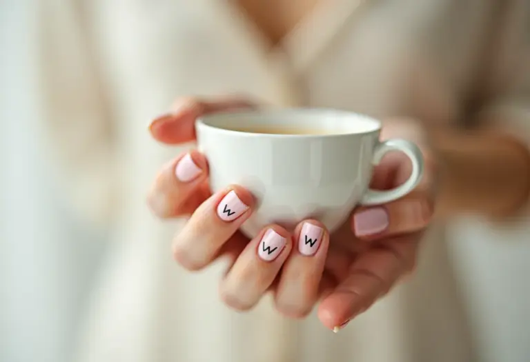 Unhas decoradas com 'W' minimalista em tons pastel.