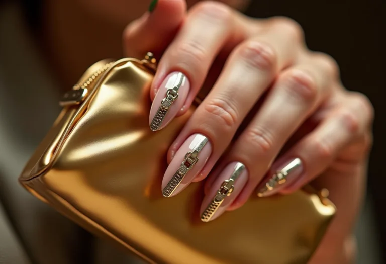 Unhas decoradas com zíper segurando clutch dourada