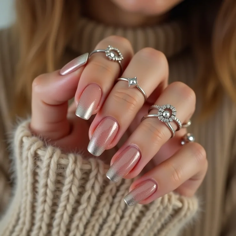 Unhas decoradas curtas com anéis de prata geométricos