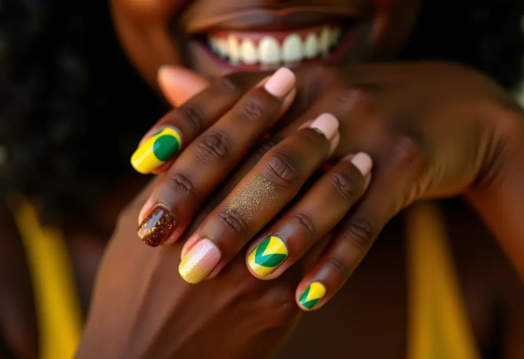 Unhas decoradas da Copa do Mundo com as cores do Brasil.