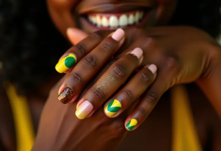 Unhas decoradas da Copa do Mundo com as cores do Brasil.