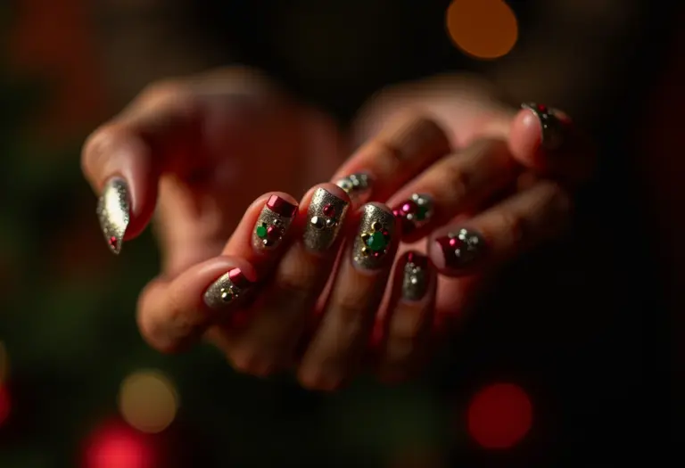 Unhas decoradas de Natal com excesso de decoração e cores conflitantes