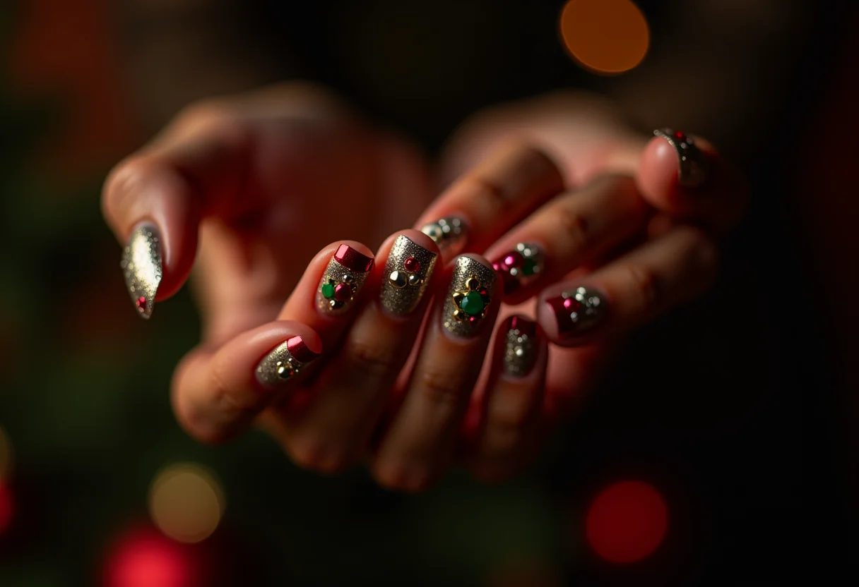 Unhas decoradas de Natal com excesso de decoração e cores conflitantes