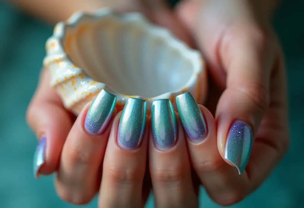 Unhas decoradas de sereia segurando concha iridescente