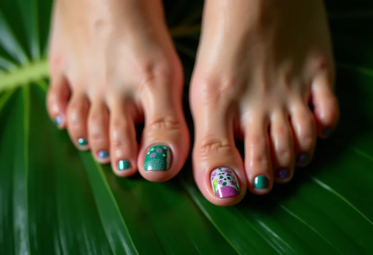 Unhas decoradas dos pés com folha de monstera
