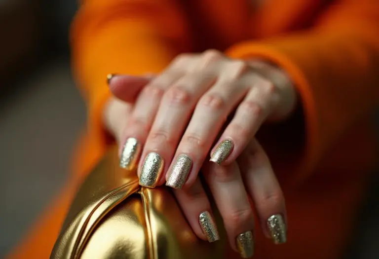 Unhas decoradas douradas e prateadas para o Ano Novo