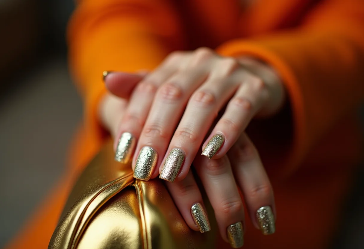 Unhas decoradas douradas e prateadas para o Ano Novo