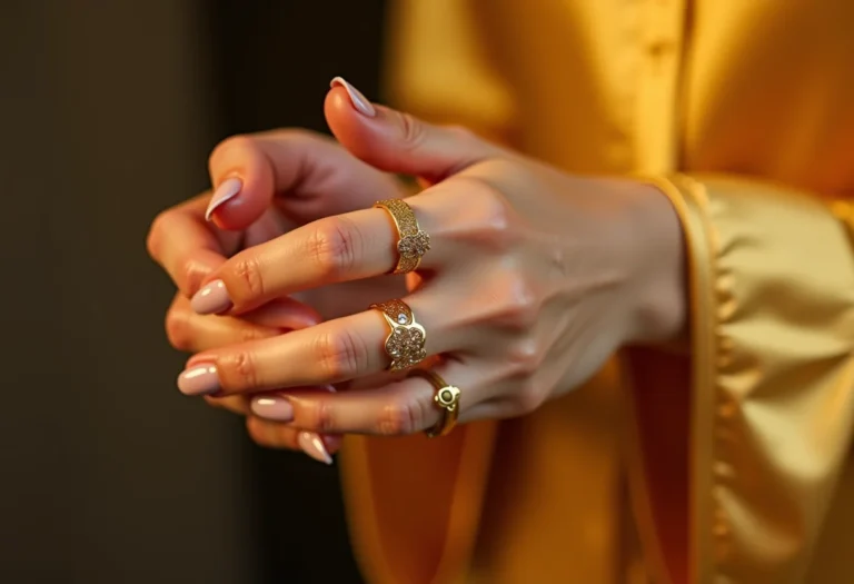 Unhas decoradas douradas para o Ano Novo 2026 com anéis delicados