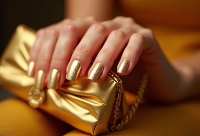 Unhas decoradas douradas segurando clutch dourada