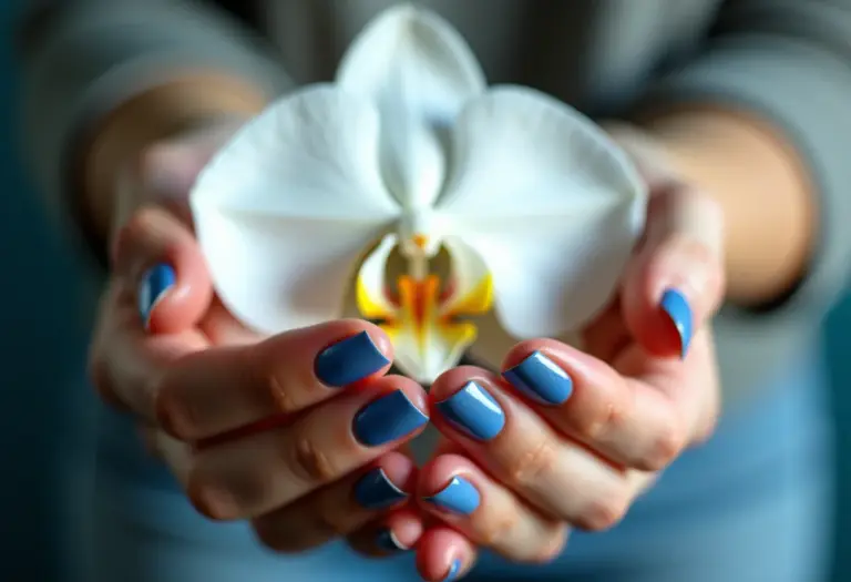 Unhas decoradas em azul com orquídea branca