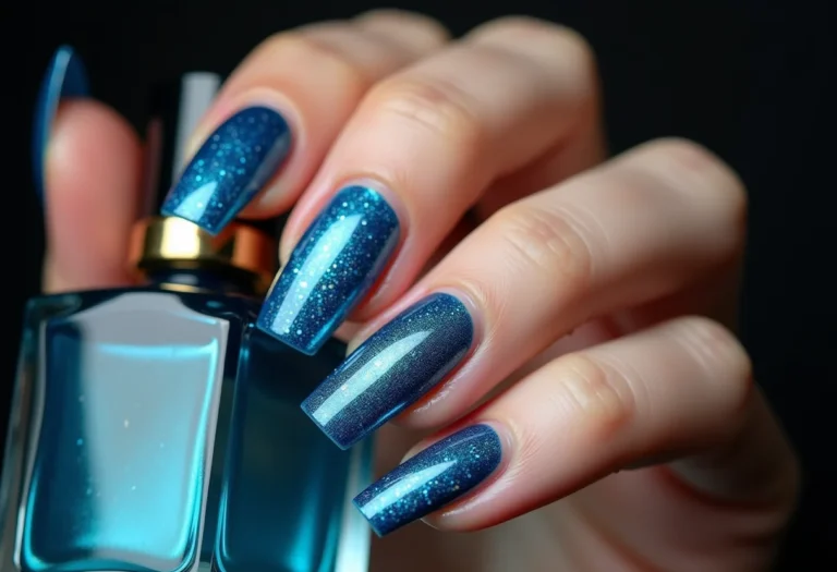 Unhas decoradas em gel azul segurando frasco de perfume vintage