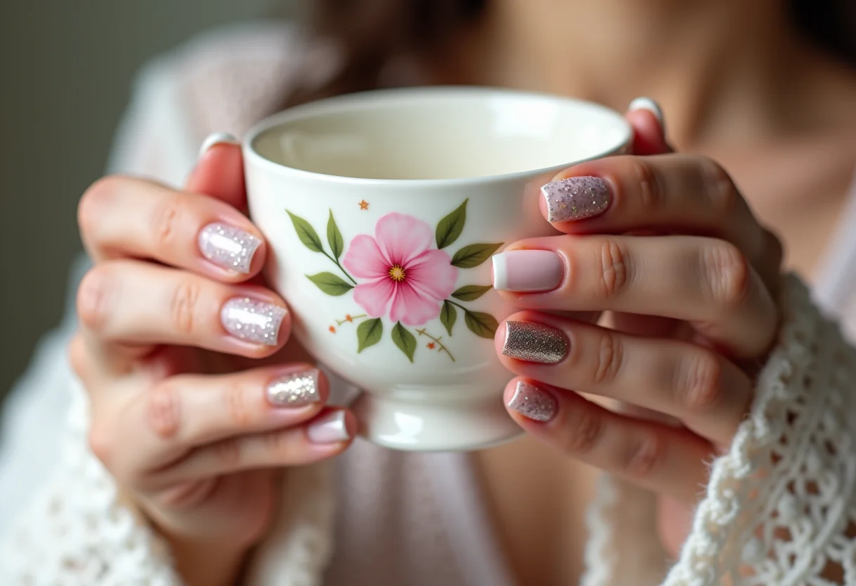 Unhas decoradas em gel com designs variados.