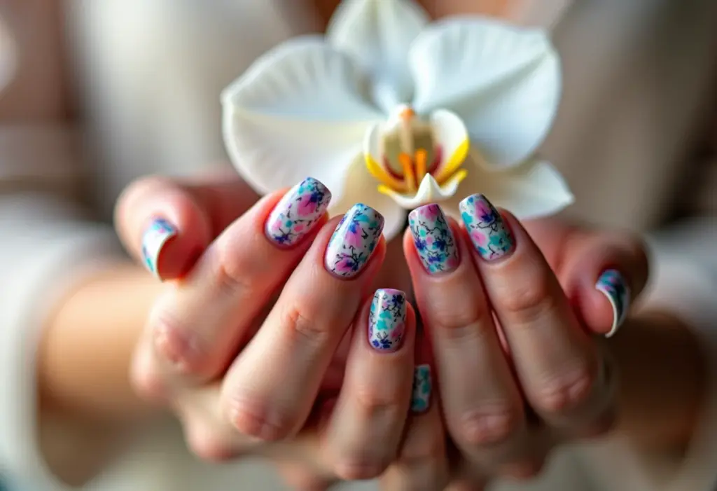 Unhas decoradas em gel segurando orquídea branca