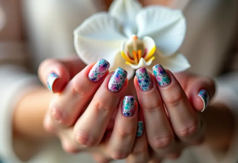 Unhas decoradas em gel segurando orquídea branca