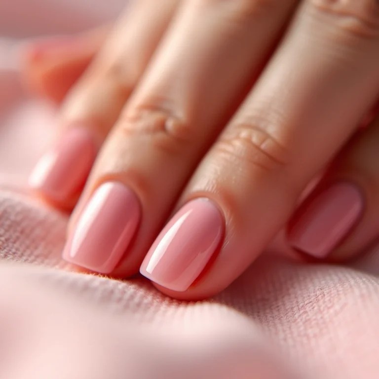 Unhas decoradas em rosa bebê com textura suave e elegante.