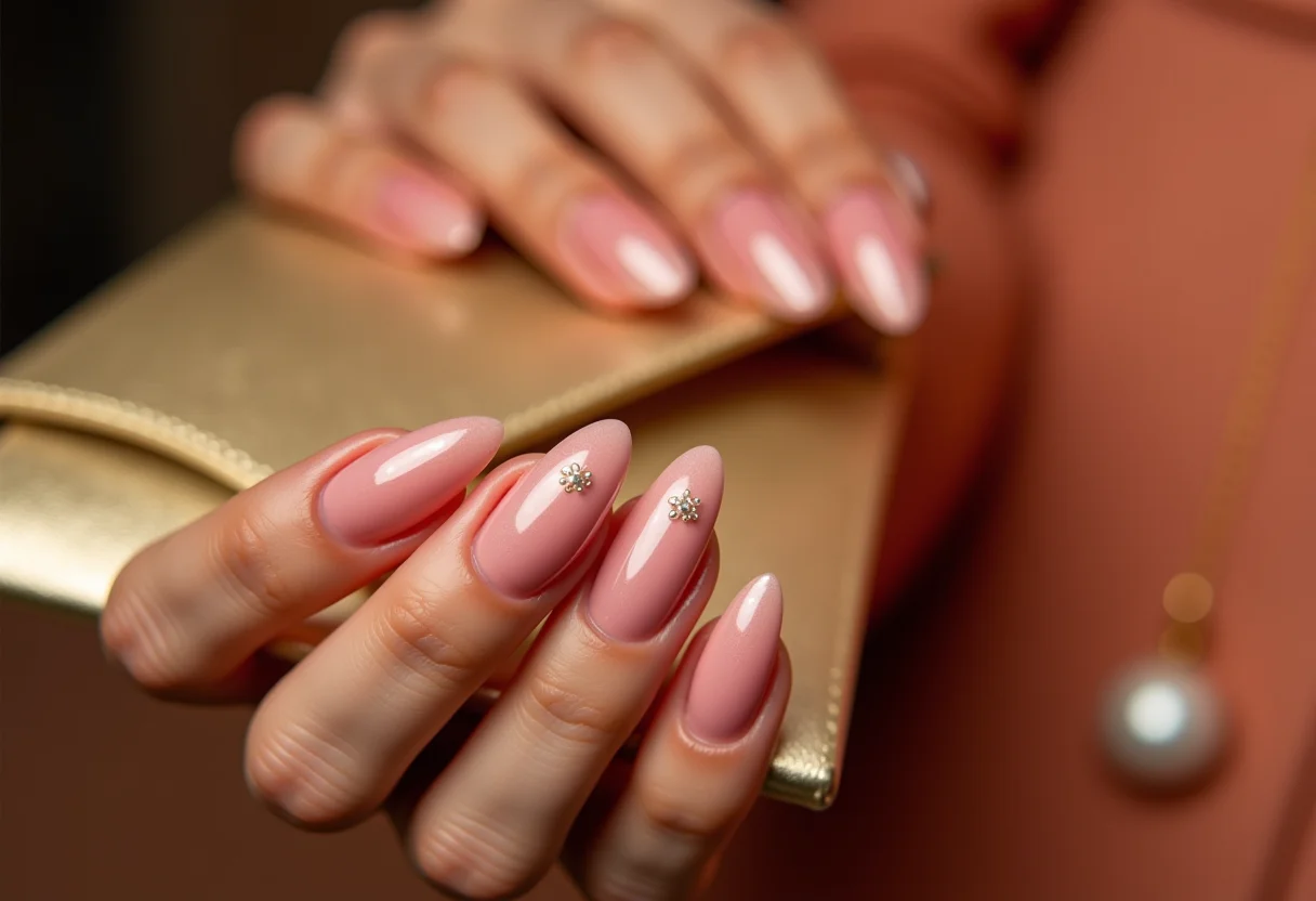 Unhas decoradas estilo patricinha segurando clutch dourada