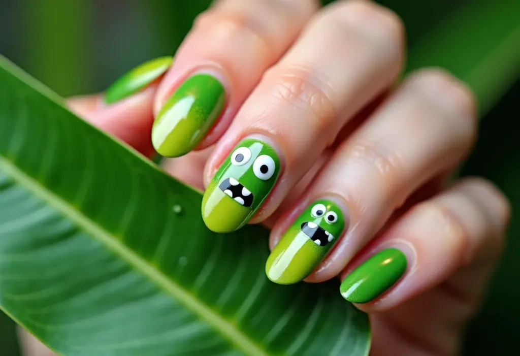 Unhas decoradas infantis com tema de bichinhos, segurando folha