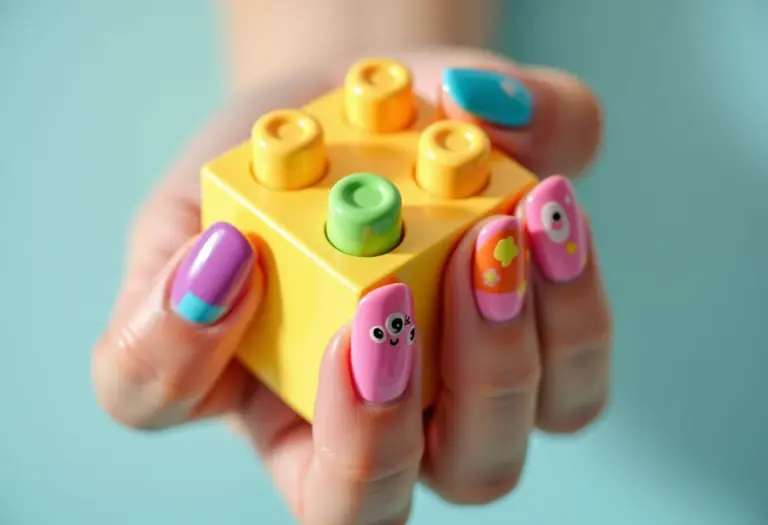Unhas decoradas infantis e coloridas com brinquedo.