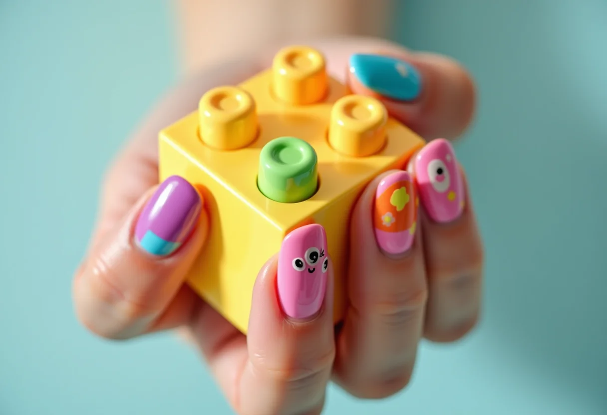 Unhas decoradas infantis e coloridas com brinquedo.