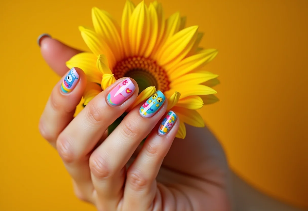 Unhas decoradas infantis segurando girassol