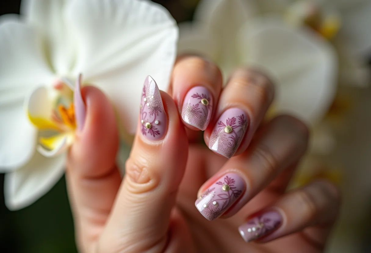 Unhas decoradas inspiradas no Pinterest segurando orquídea branca