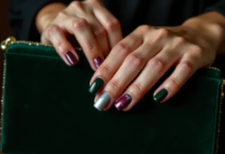 Unhas decoradas inverno 2024 com vinho, verde musgo, prata, veludo e efeito mármore