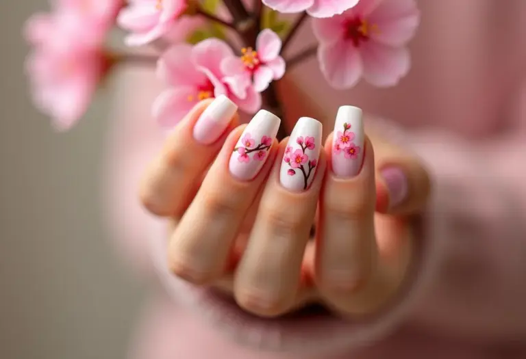 Unhas decoradas japonesas com flores de cerejeira