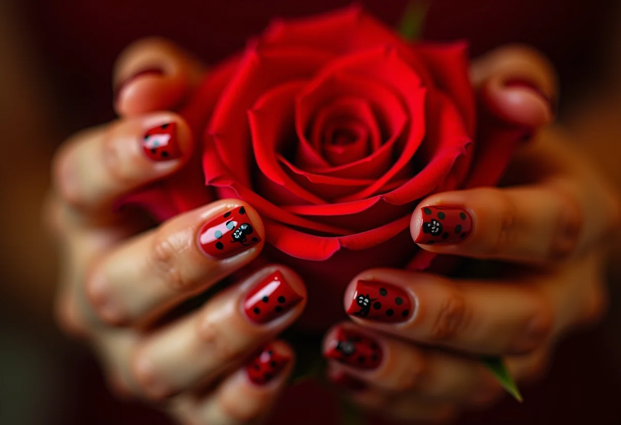 Unhas decoradas joaninha segurando rosa vermelha