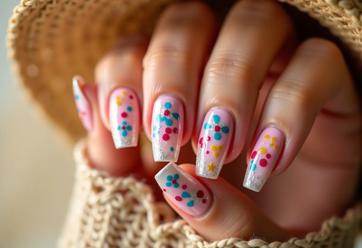 Unhas decoradas juninas com bandeirinhas e chapéu de palha