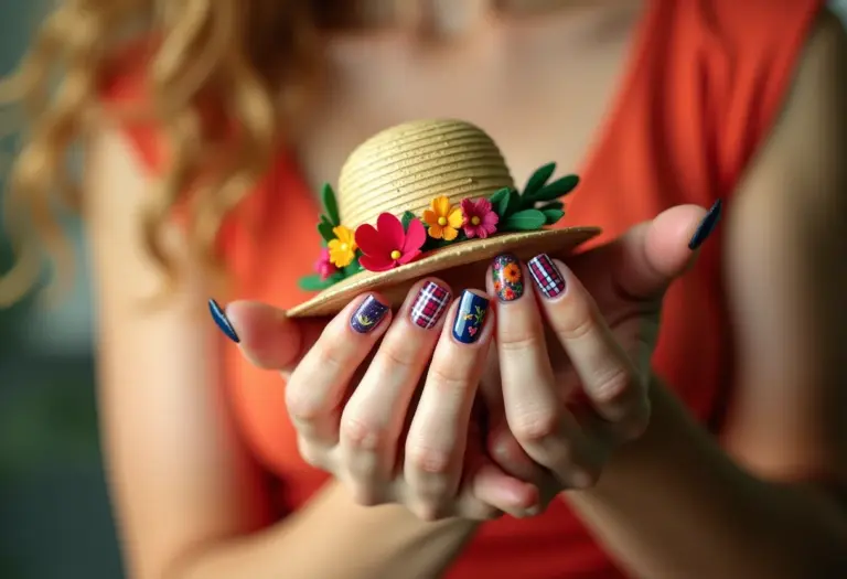 Unhas decoradas juninas com chapéu de palha