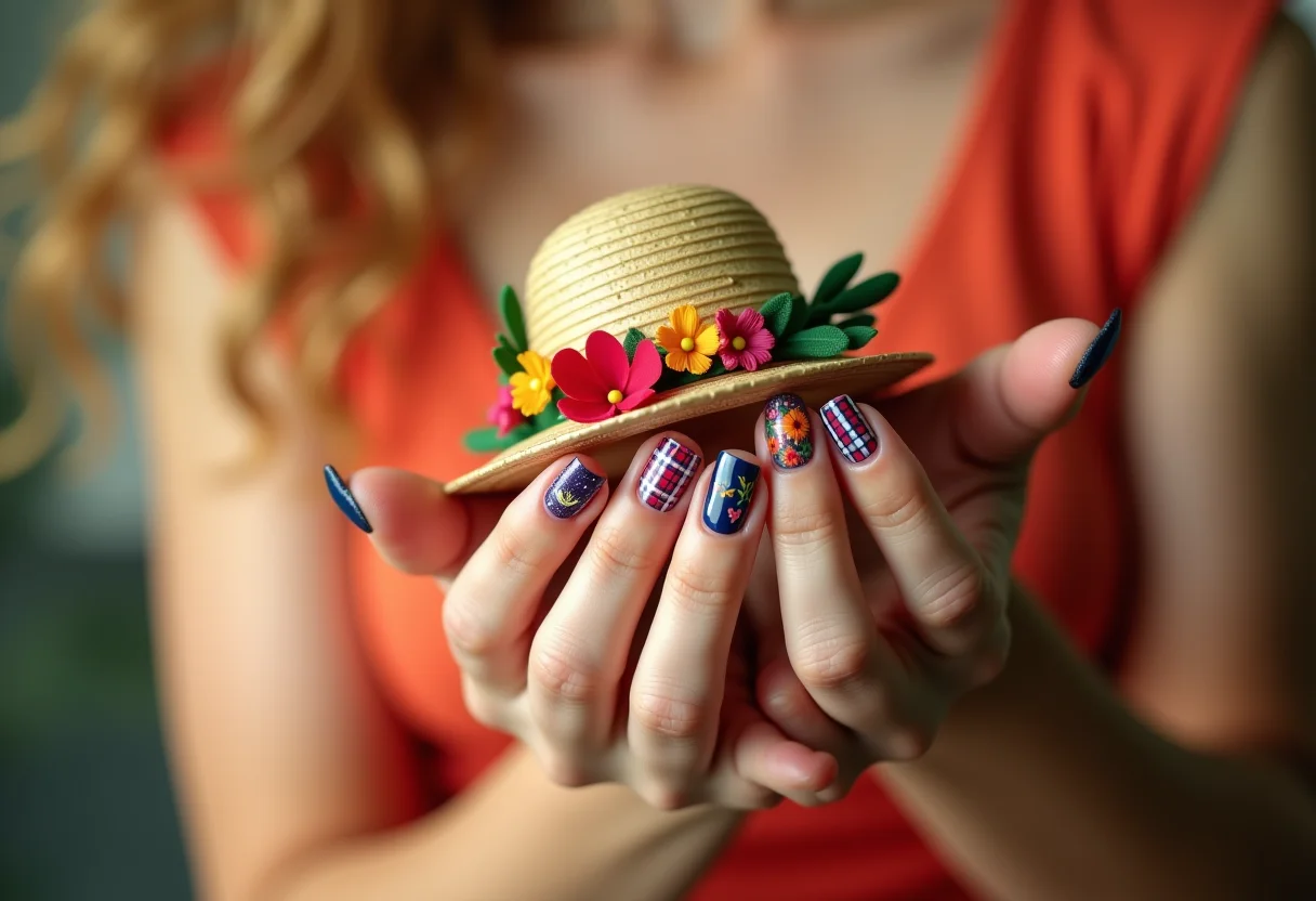 Unhas decoradas juninas com chapéu de palha