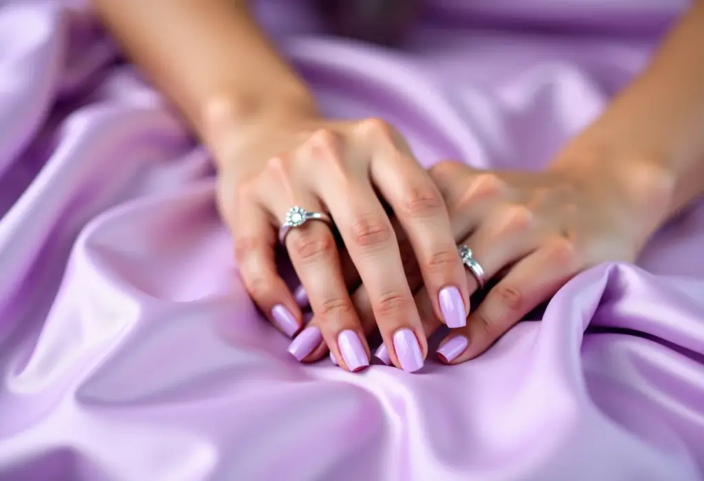 Unhas Decoradas Lilás: 5 ideias que são a nova sensação Unhas decoradas lilás sobre cetim