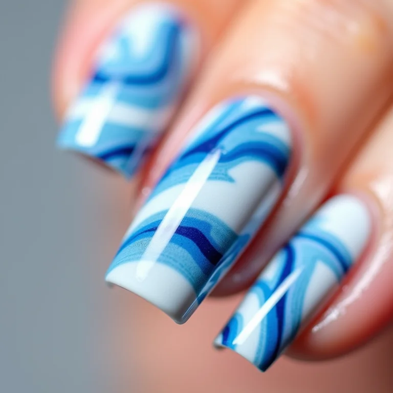 Unhas decoradas marmorizadas em azul e branco