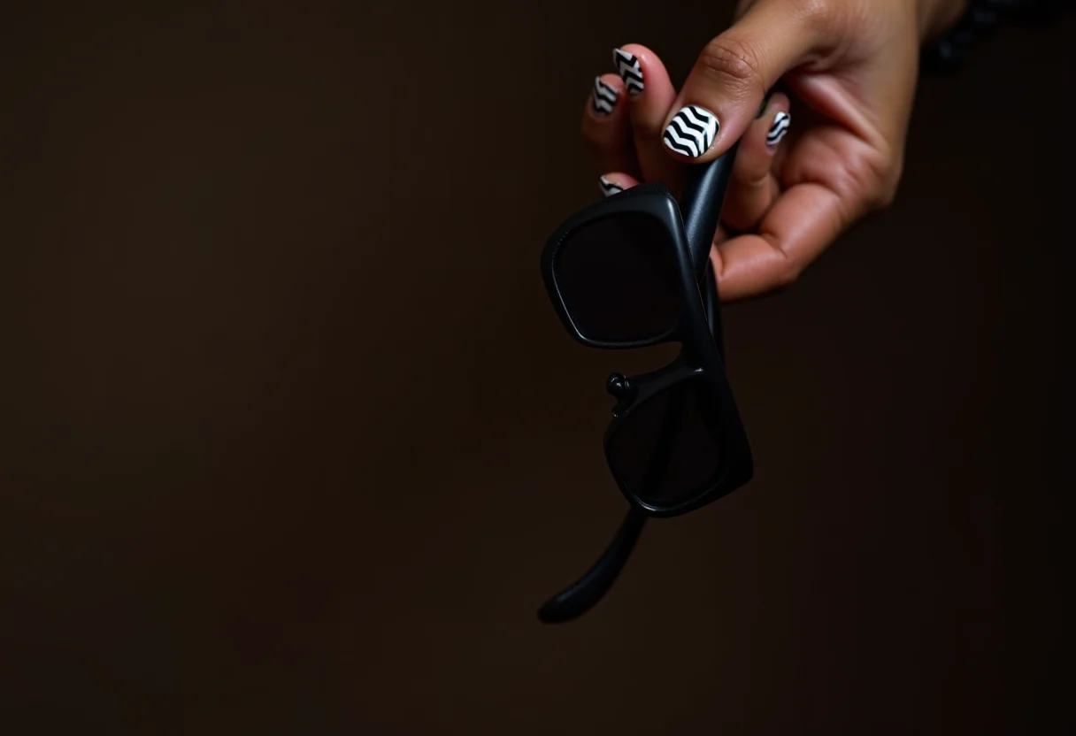 Unhas decoradas masculinas com design geométrico segurando óculos de sol pretos.