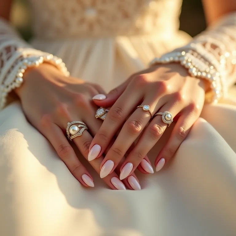 Unhas decoradas para noivas com anéis de pérolas