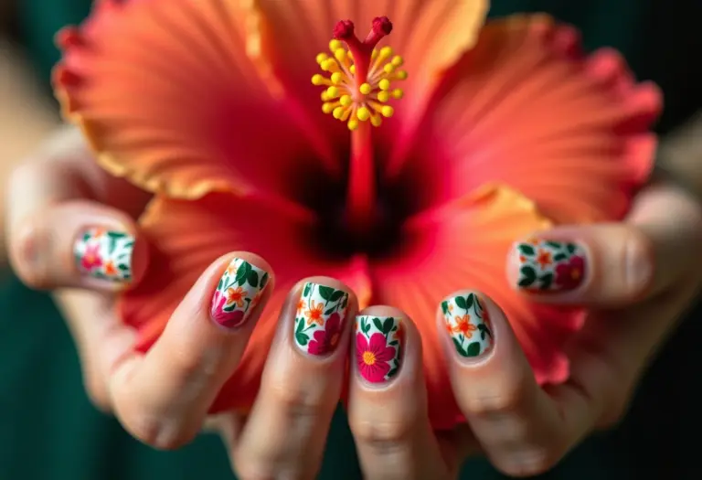 Unhas decoradas para o verão com padrão floral vibrante.
