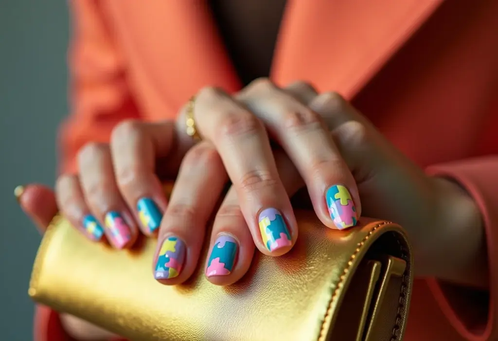 Unhas Decoradas Quebra-Cabeça: A mania divertida que vai te viciar Unhas decoradas quebra-cabeça coloridas segurando clutch dourada