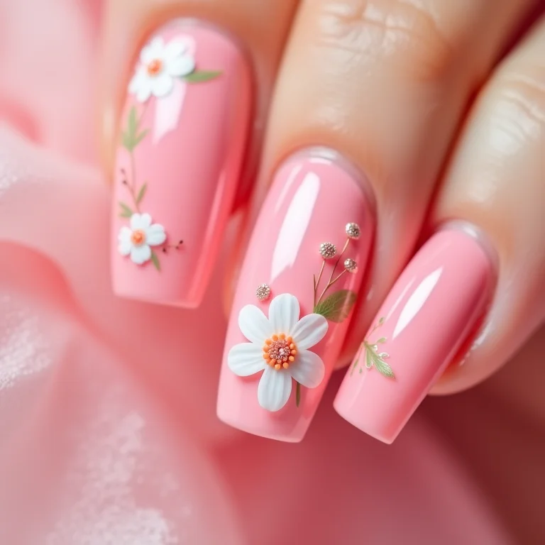 Unhas decoradas rosa chiclete com flores delicadas.
