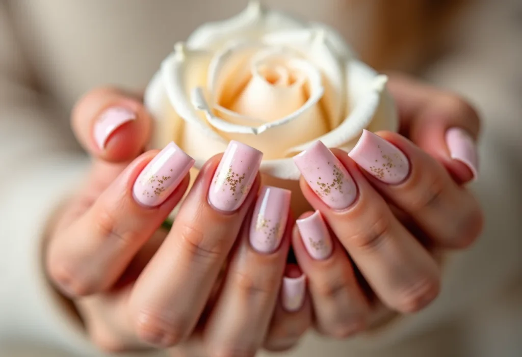 Unhas decoradas rosa claro: 5 ideias elegantes que você precisa ver Unhas decoradas rosa claro com detalhes em dourado e rosa branca.