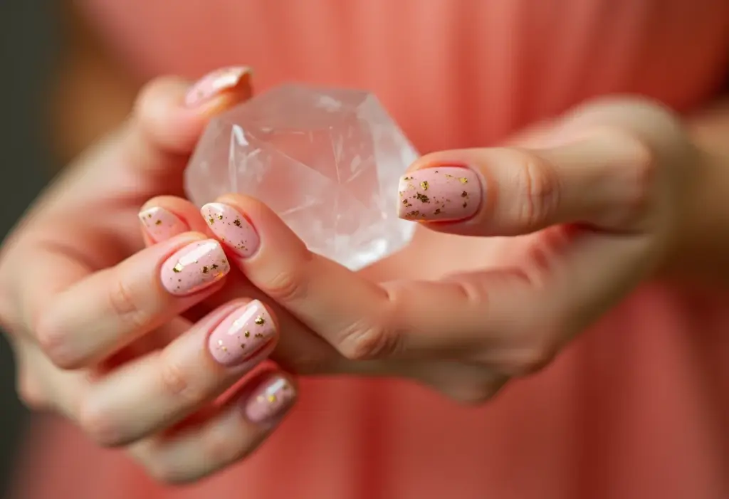 Unhas decoradas claras: 5 tendências de 2022 que você precisa ver Unhas decoradas rosa claro com flocos dourados segurando cristal translúcido