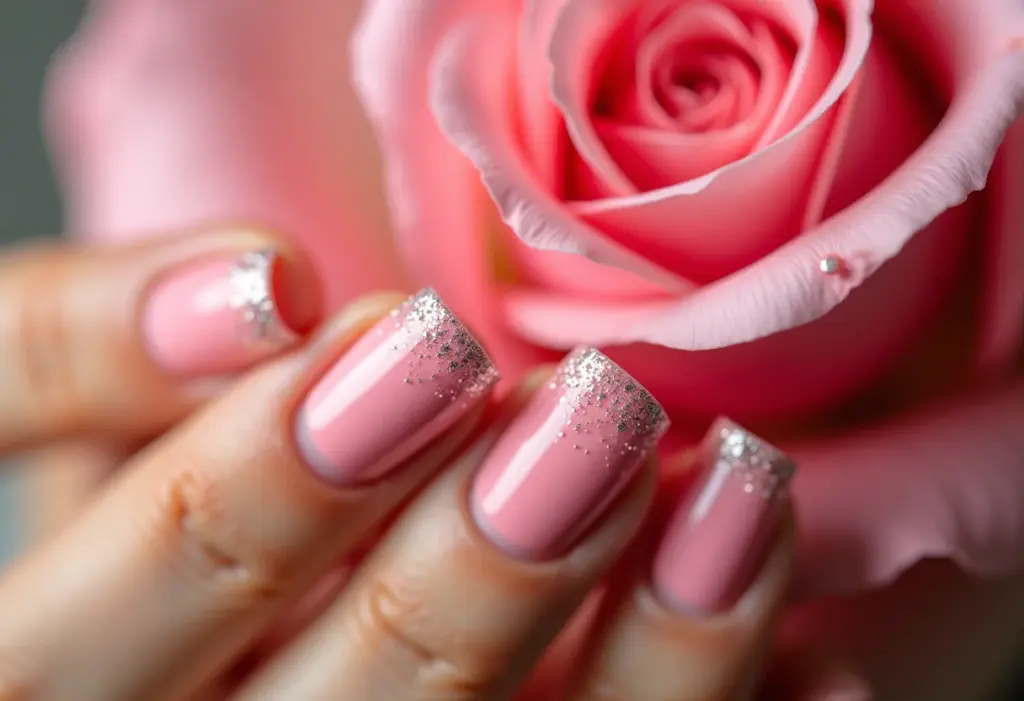 Unhas decoradas rosa com glitter segurando uma rosa