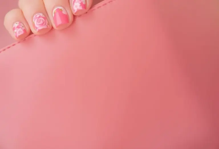 Unhas decoradas rosa e branco com clutch rosa