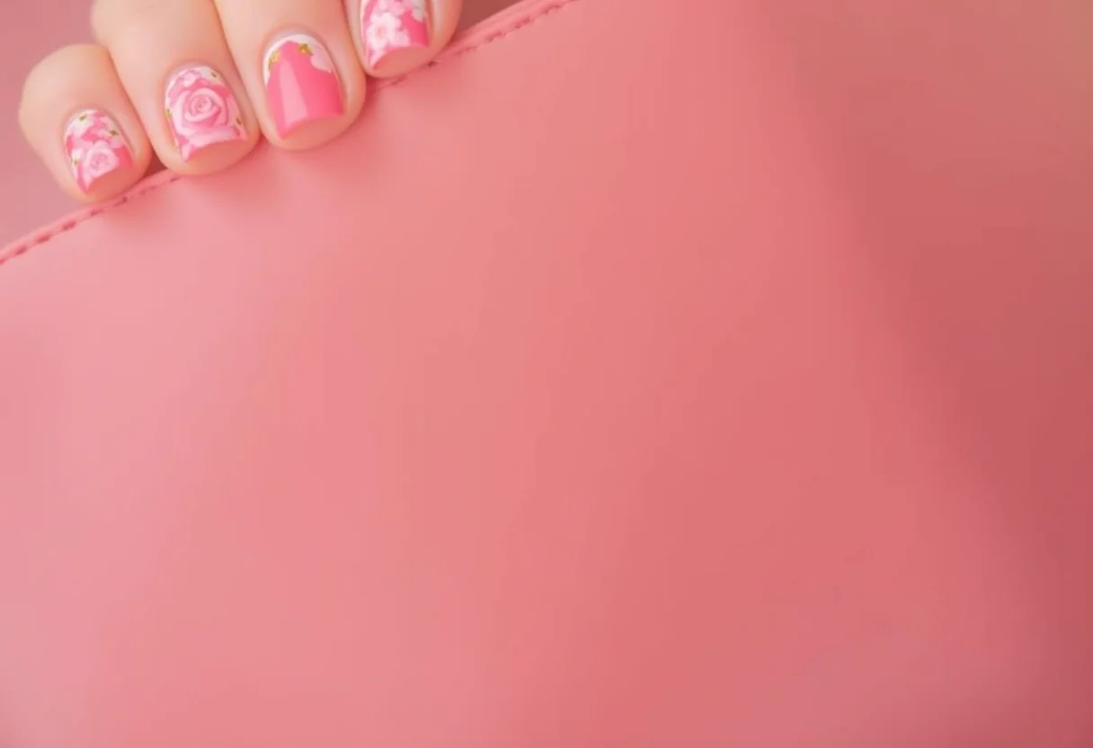 Unhas decoradas rosa e branco com clutch rosa