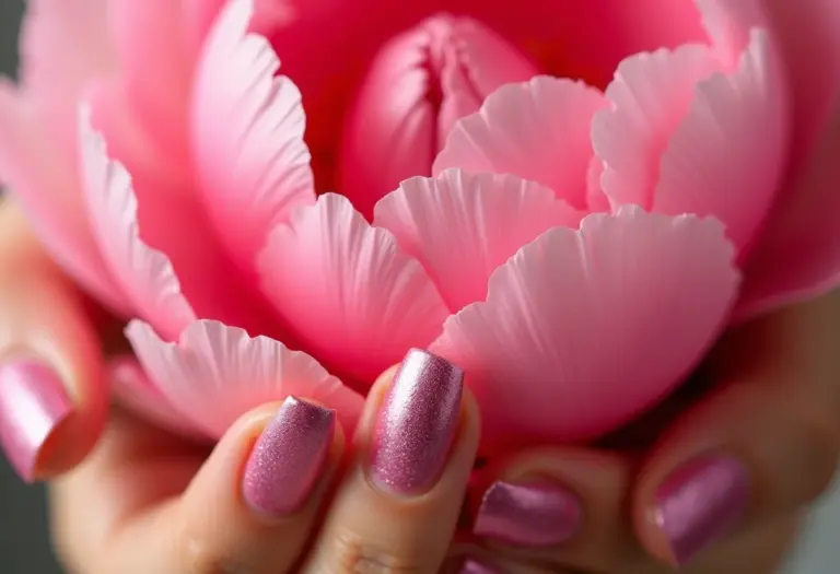 Unhas decoradas rosa pink com glitter e peônia