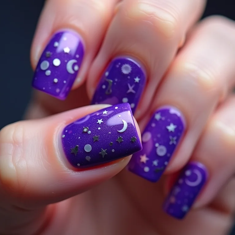 Unhas decoradas roxas com adesivos de tema celestial